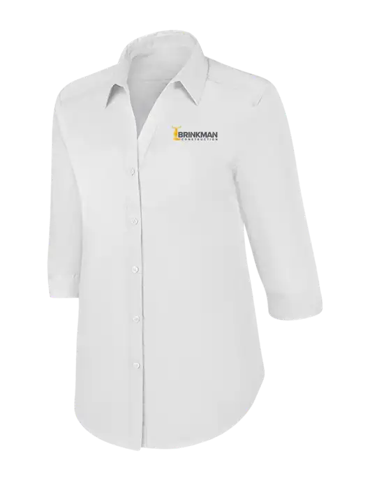 Womens White 3/4 Sleeve Carefree Poplin Shirt w/Brinkman Construction Logo