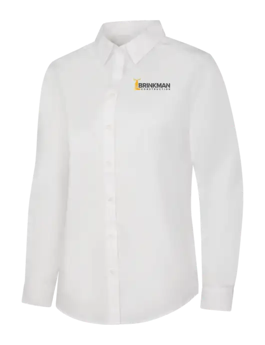 Womens White Long Sleeve Carefree Poplin Shirt w/Brinkman Construction Logo