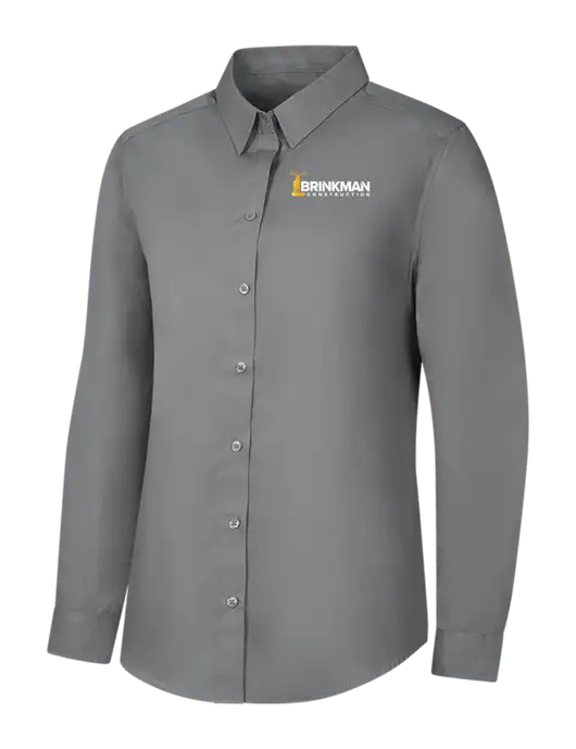 Womens Medium Grey Long Sleeve Carefree Poplin Shirt w/Brinkman Construction Logo