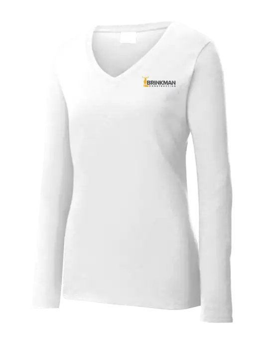 Womens  V-Neck Ring Spun White 4.5 oz Long Sleeve T-Shirt w/Brinkman Construction Logo