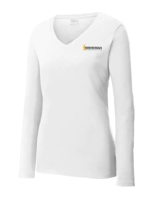Womens  V-Neck Ring Spun White 4.5 oz Long Sleeve T-Shirt w/Brinkman Construction Logo