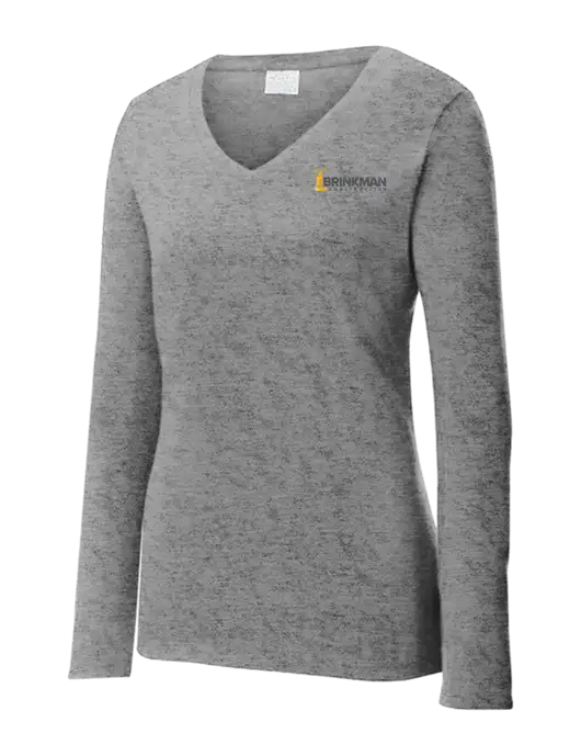 Womens  V-Neck Ring Spun Grey Heather 4.5 oz Long Sleeve T-Shirt w/Brinkman Construction Logo