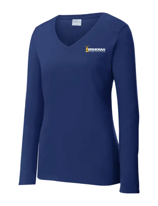 Womens  V-Neck Ring Spun Navy 4.5 oz Long Sleeve T-Shirt w/Brinkman Construction Logo