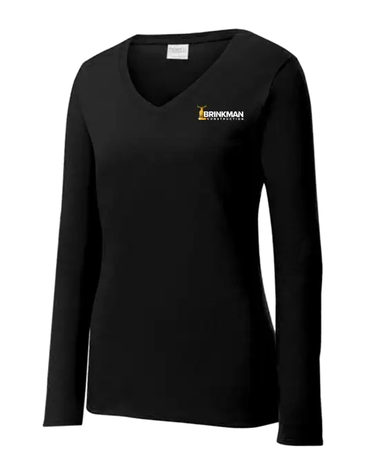 Womens V-Neck Ring Spun Jet Black 4.5 oz Long Sleeve T-Shirt w/Brinkman Construction Logo
