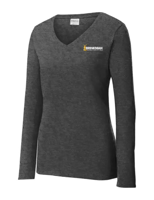 Womens  V-Neck Ring Spun Dark Heather Grey 4.5 oz Long Sleeve T-Shirt w/Brinkman Construction Logo