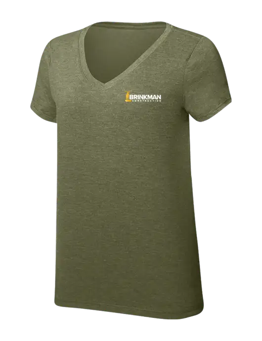 Womens Simply Soft V-Neck Military Green Frost 4.5oz  Poly/Combed Ring Spun Cotton T-Shirt w/Brinkman Construction Logo