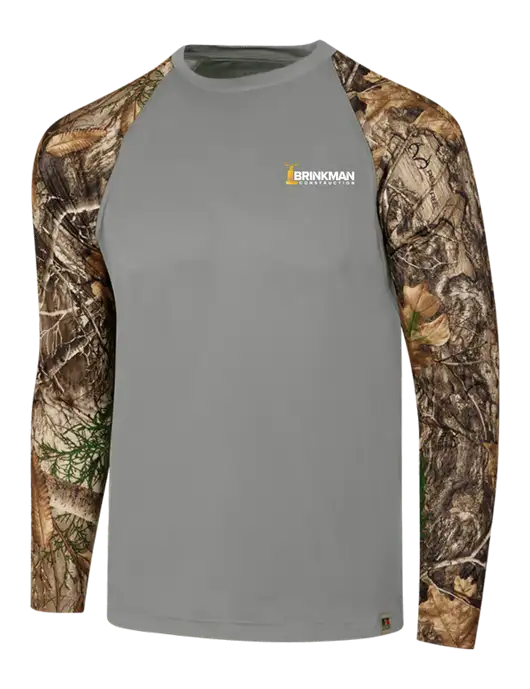 Russell Outdoors Medium Grey/Realtree Edge Camo Colorblock Performance Long Sleeve T-Shirt w/Brinkman Construction Logo