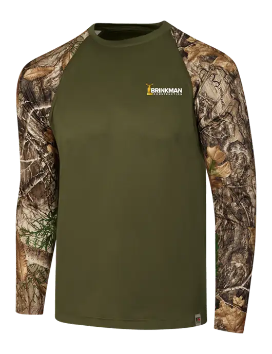 Russell Outdoors Olive/Realtree Edge Camo Colorblock Performance Long Sleeve T-Shirt w/Brinkman Construction Logo