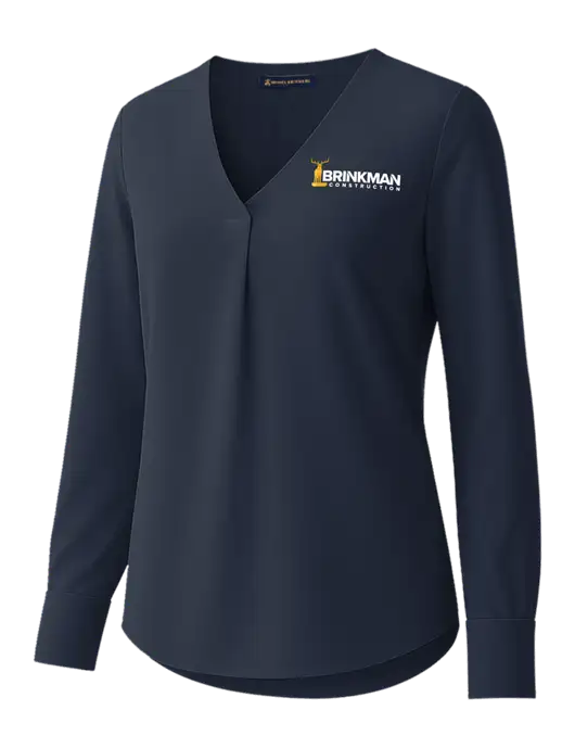 Brooks Brothers Womens Dark Navy Open-Neck Satin Blouse  w/Brinkman Construction Logo