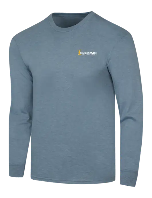 Simply Soft Long Sleeve Slate Blue Heather 4.5 oz, Poly/Combed Ring Spun Cotton T-Shirt w/Brinkman Construction Logo