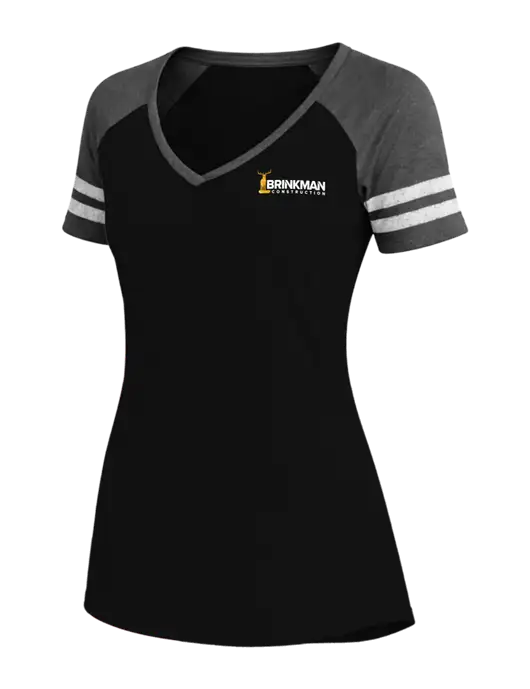 Womens Black/Charcoal Heather V-Neck Game Tee w/Brinkman Construction Logo