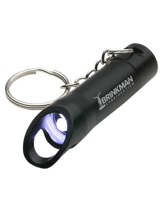 Black Pocket LED Flashlight with Bottle Opener & Keychain w/Brinkman Construction Logo