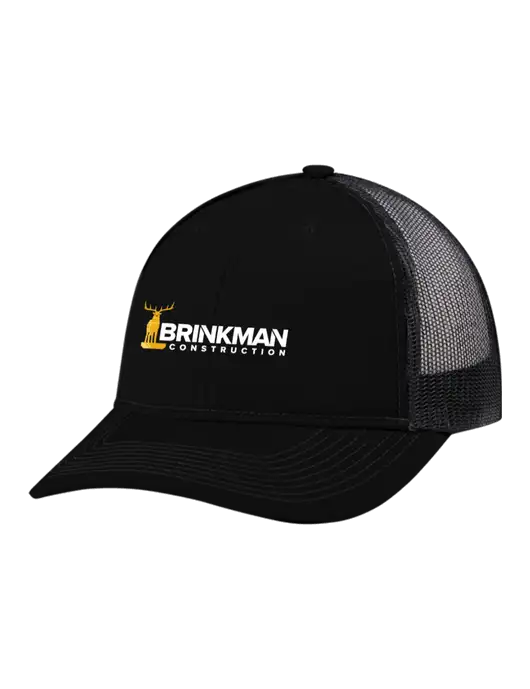 Snapback Ponytail Trucker Cap Black w/Black Mesh w/Brinkman Construction Logo