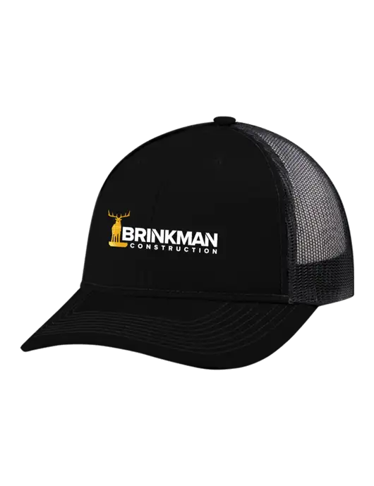 Snapback Ponytail Trucker Cap Black w/Black Mesh w/Brinkman Construction Logo