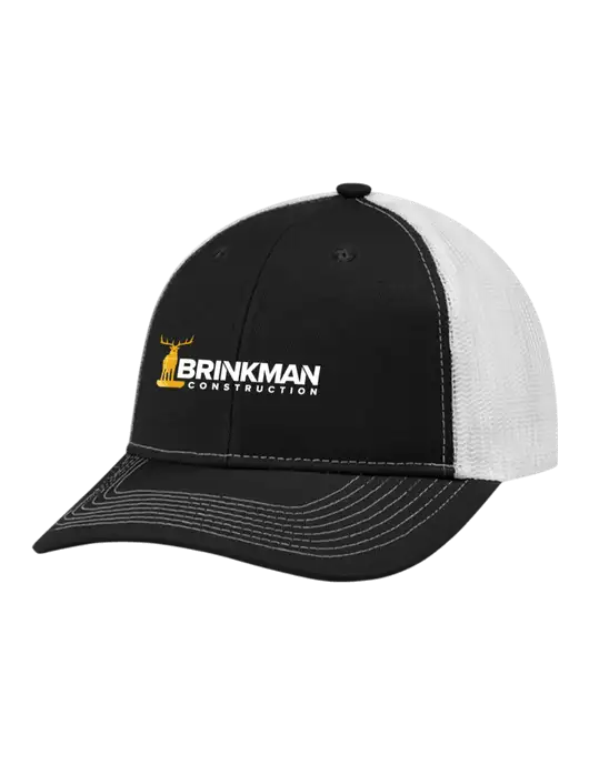 Snapback Ponytail Trucker Cap Black w/White Mesh w/Brinkman Construction Logo