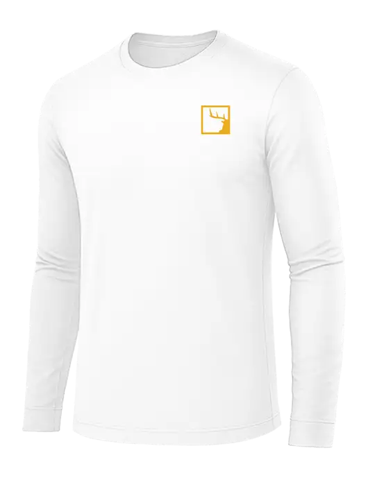 Long Sleeve White PosiCharge Competitor Tee w/Gus In A Box Logo