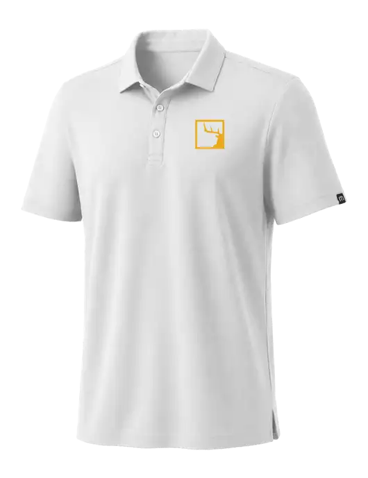 TravisMathew White Coto Performance Polo w/Gus In A Box Logo