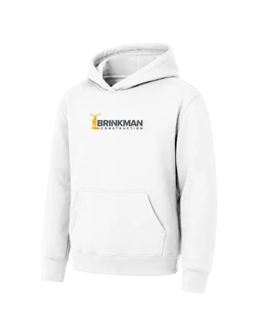 Youth White 7.8 oz Pullover Hooded Sweatshirt w/Brinkman Construction Logo