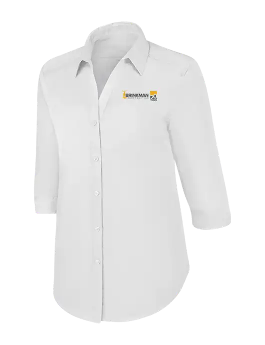 Womens White 3/4 Sleeve Carefree Poplin Shirt w/Brinkman Construction 20th Logo