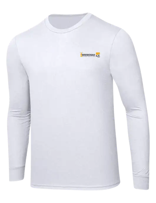 Simply Soft Long Sleeve White 4.5 oz, Poly/Combed Ring Spun Cotton T-Shirt w/Brinkman Construction 20th Logo