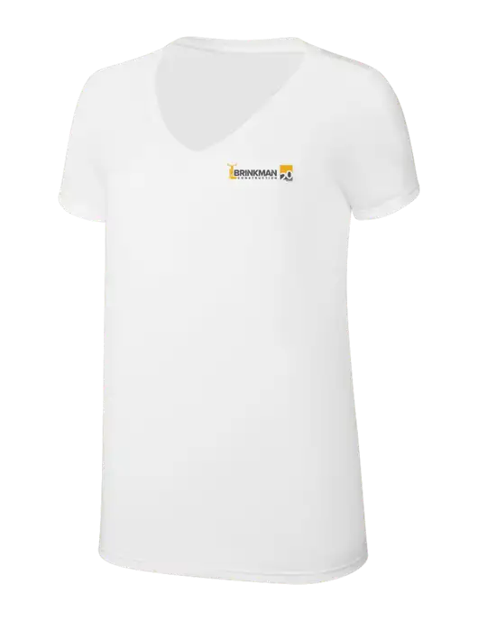 Womens Simply Soft V-Neck White 4.5oz  Poly/Combed Ring Spun Cotton T-Shirt w/Brinkman Construction 20th Logo